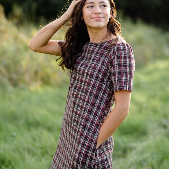Plaid Fringed Edge Round Neck Shift Midi Dress - Picture 2 of 2